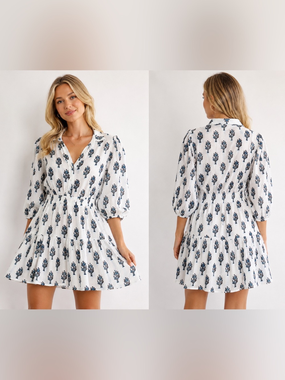 Playa Lucila Dress XS White Blue Floral Print Tiered Midi Puff Sleeve Boho